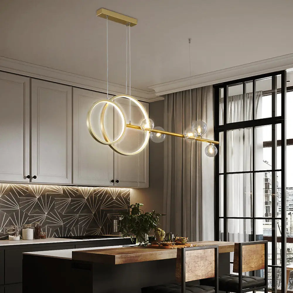 Contemporary Linear And Ring Led Pendant Light For Dining Room - Metal Hanging Island With Clear