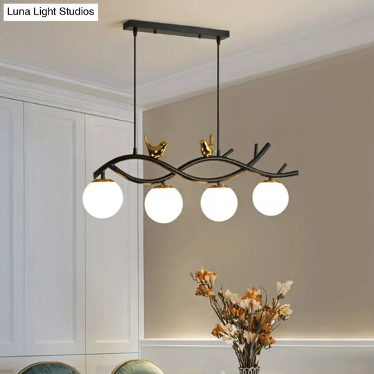 Contemporary Linear/Branch Dining Room Island Lamp - Cream Glass Ball 4 Heads Hanging Pendant With