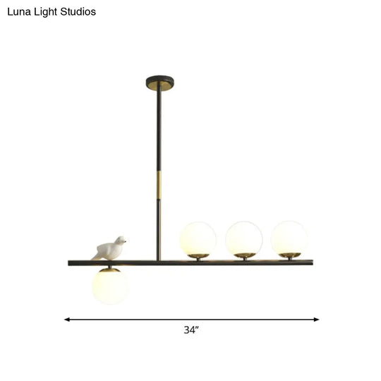 Contemporary Linear/Branch Dining Room Island Lamp - Cream Glass Ball 4 Heads Hanging Pendant With