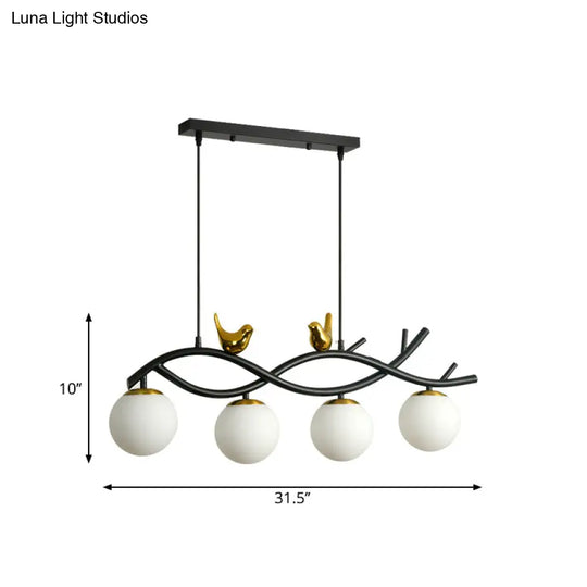 Contemporary Linear/Branch Dining Room Island Lamp - Cream Glass Ball 4 Heads Hanging Pendant With
