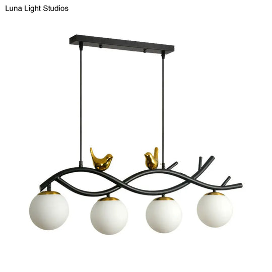 Contemporary Linear/Branch Dining Room Island Lamp - Cream Glass Ball 4 Heads Hanging Pendant With