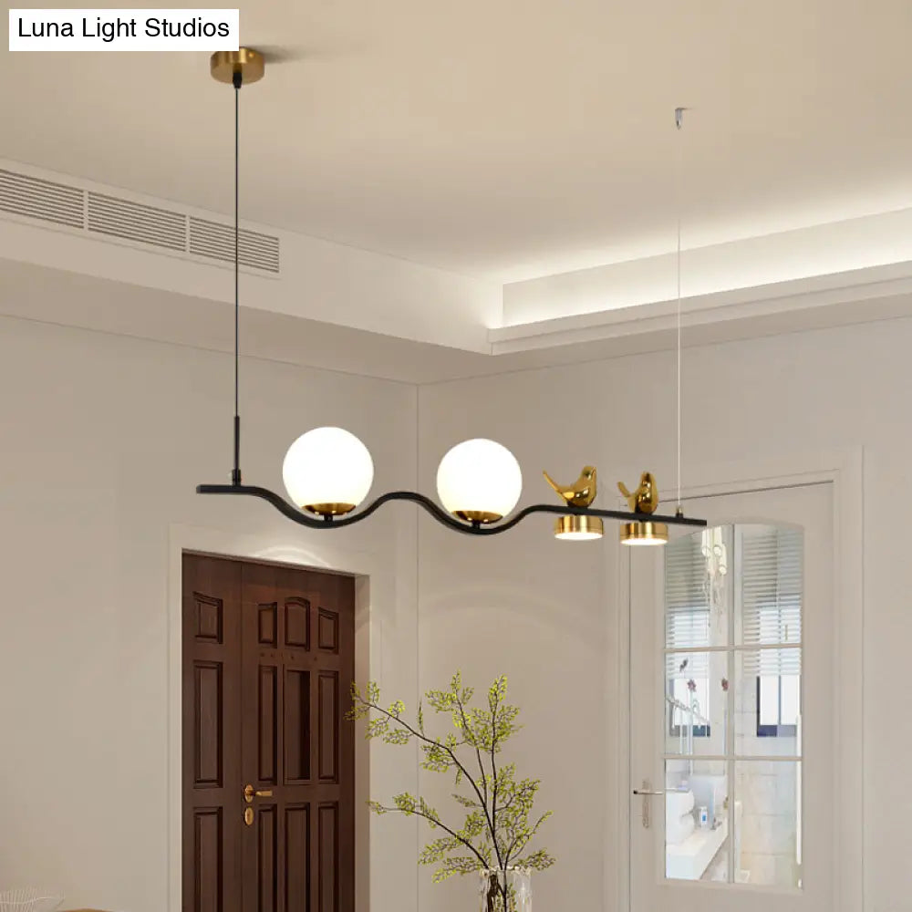 Contemporary Linear/Branch Dining Room Island Lamp - Cream Glass Ball 4 Heads Hanging Pendant With