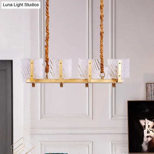 Contemporary Linear Chandelier: Brass Finish Square Glass Panel 8-Light Hanging Lamp