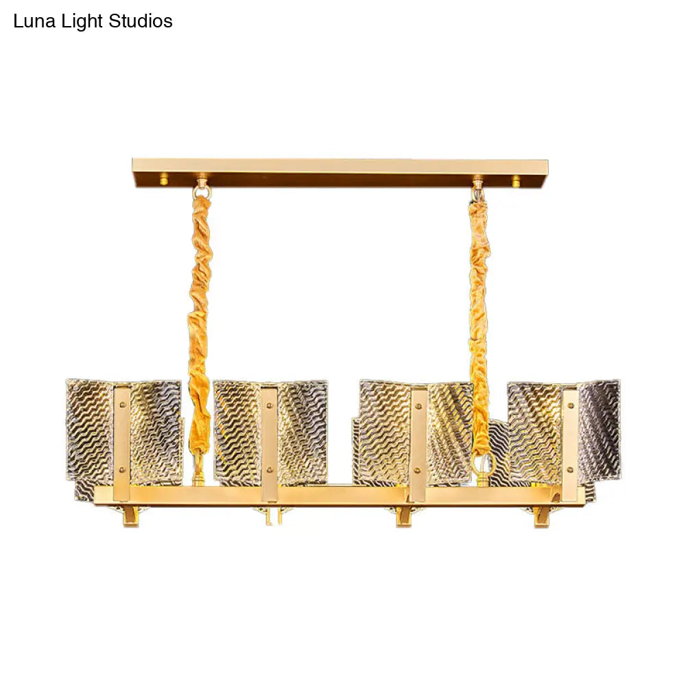 Contemporary Linear Chandelier: Brass Finish Square Glass Panel 8-Light Hanging Lamp