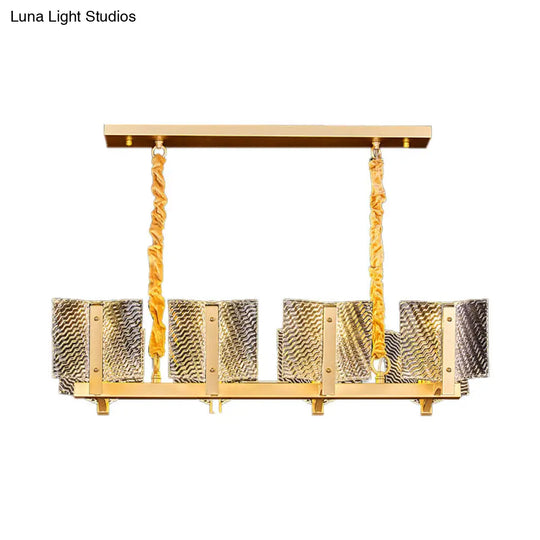 Contemporary Linear Chandelier: Brass Finish Square Glass Panel 8-Light Hanging Lamp