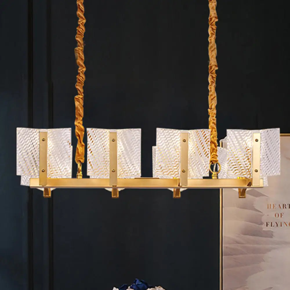 Contemporary Linear Chandelier: Brass Finish Square Glass Panel 8-Light Hanging Lamp