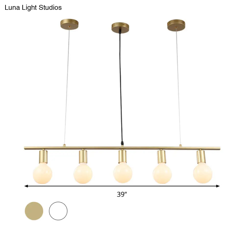 Contemporary Linear Metal Island Lighting With 5 Bulbs - White/Gold Finish Ceiling Lamp For Dining