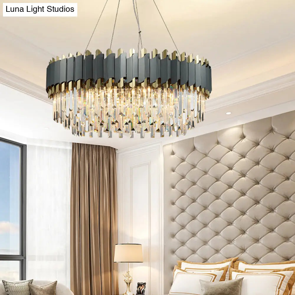 Contemporary Living Room Pendant Light - Grey Crystal Oblong Layered Chandelier (8/12-Light)