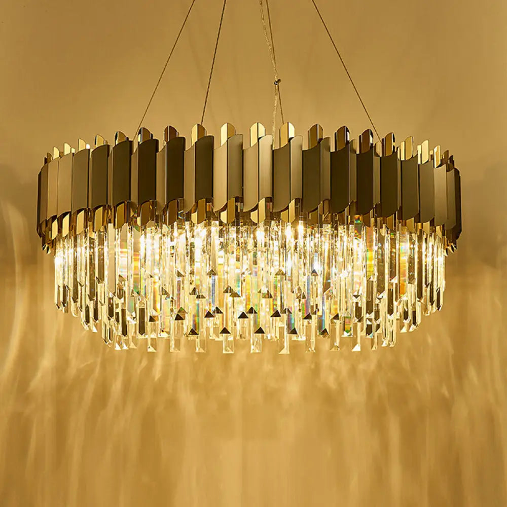 Contemporary Living Room Pendant Light - Grey Crystal Oblong Layered Chandelier (8/12-Light) 12 /