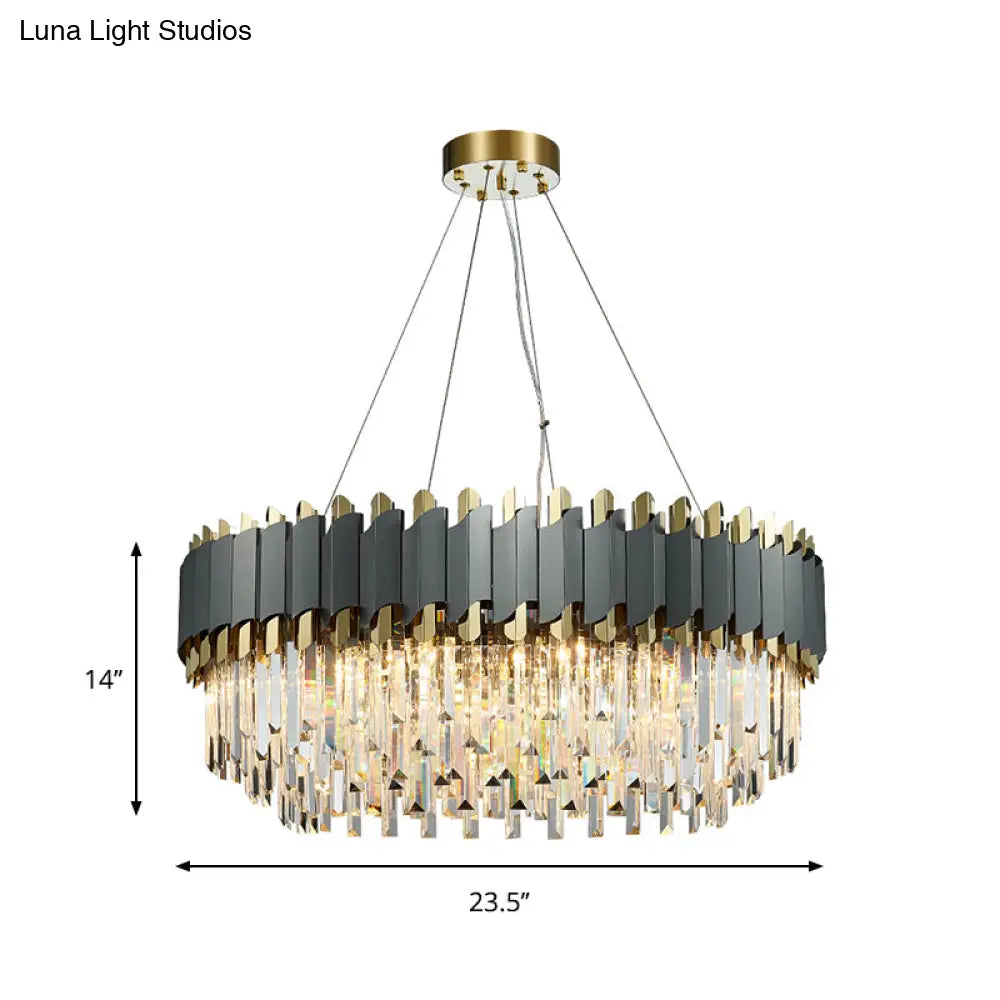 Contemporary Living Room Pendant Light - Grey Crystal Oblong Layered Chandelier (8/12-Light)