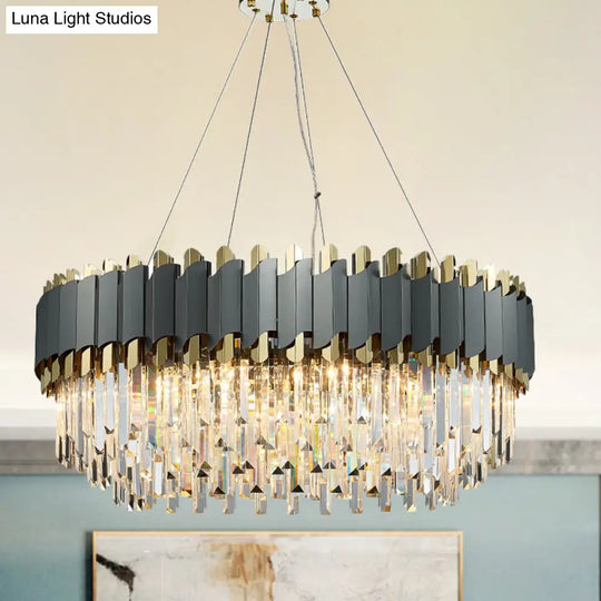 Contemporary Living Room Pendant Light - Grey Crystal Oblong Layered Chandelier (8/12-Light)