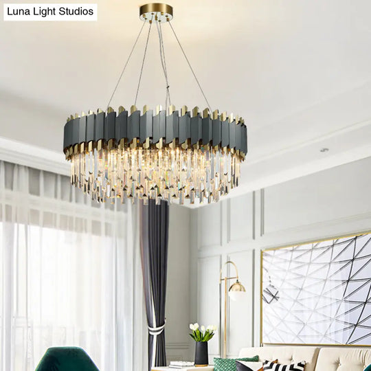 Contemporary Living Room Pendant Light - Grey Crystal Oblong Layered Chandelier (8/12-Light)