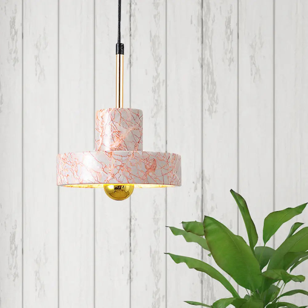 Contemporary Marble Drum Pendant Lamp - 1 Light Bedroom Ceiling Fixture (Black/White/Pink) Pink