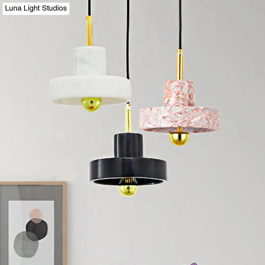 Contemporary Marble Drum Pendant Lamp - 1 Light Bedroom Ceiling Fixture (Black/White/Pink)