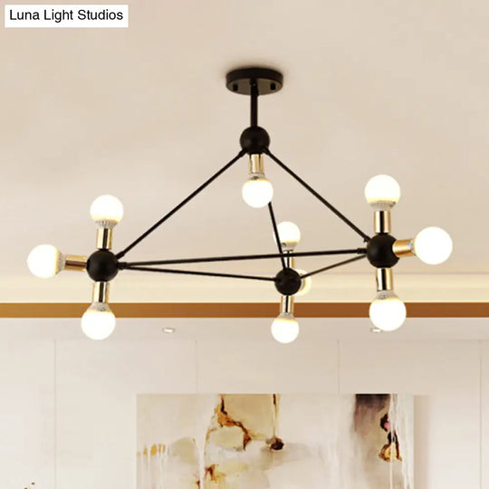 Contemporary Metal 10-Light Black Semi Flush Ceiling Light With Naked Bulb Design