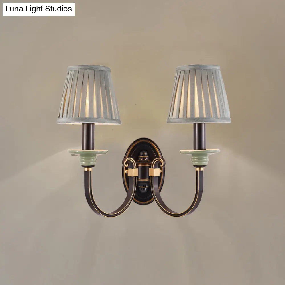 Contemporary Metal Arched Wall Light: 1 Head Black Sconce With Tapered Pleated Fabric Shade