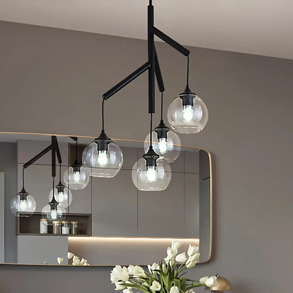 Contemporary Metal Branch Chandelier - 4-Light Black Pendant Lamp With Clear Glass Shade