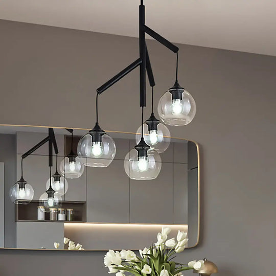 Contemporary Metal Branch Chandelier - 4-Light Black Pendant Lamp With Clear Glass Shade