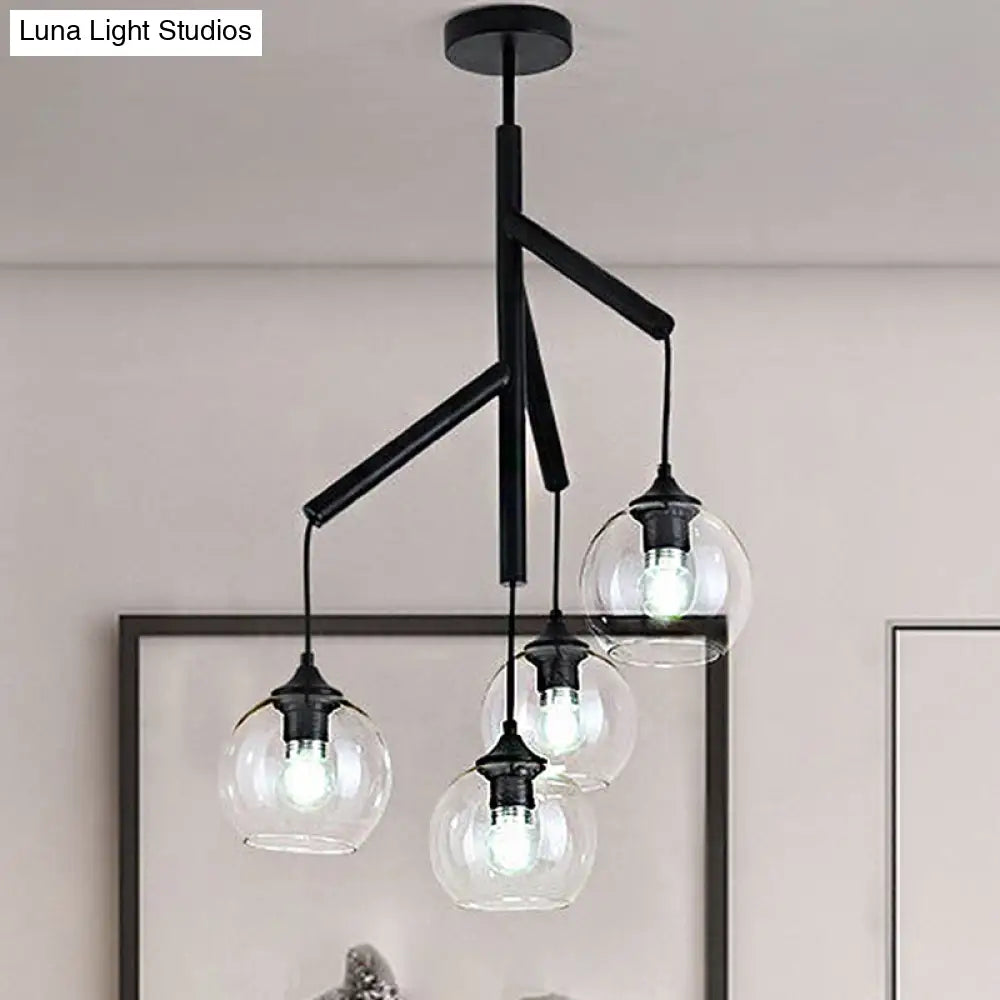 Contemporary Metal Branch Chandelier - 4-Light Black Pendant Lamp With Clear Glass Shade