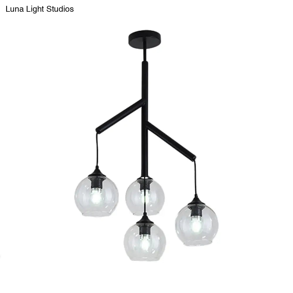 Contemporary 4-Light Metal Branch Chandelier: Black Hanging Pendant With Clear Glass Shade