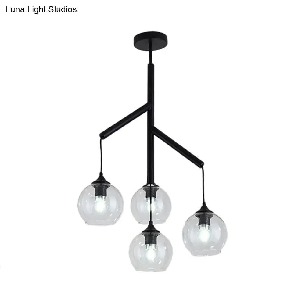 Contemporary Metal Branch Chandelier - 4-Light Black Pendant Lamp With Clear Glass Shade