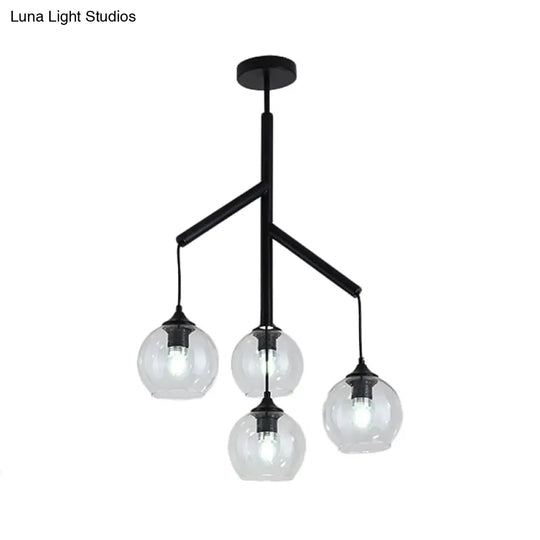 Contemporary Metal Branch Chandelier - 4-Light Black Pendant Lamp With Clear Glass Shade