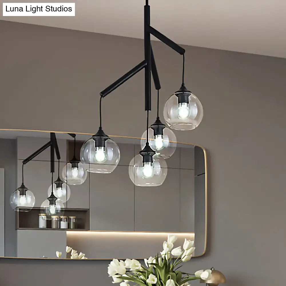 Contemporary 4-Light Metal Branch Chandelier: Black Hanging Pendant With Clear Glass Shade