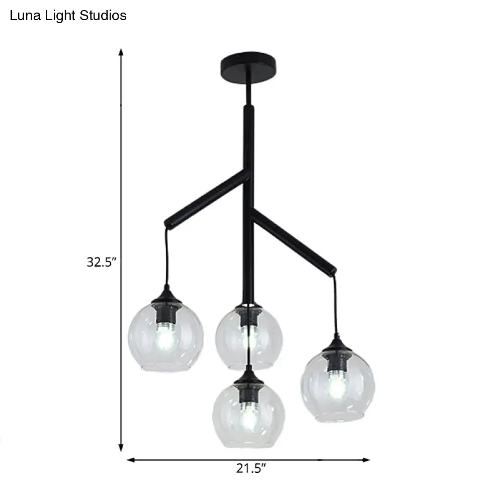 Contemporary Metal Branch Chandelier - 4-Light Black Pendant Lamp With Clear Glass Shade