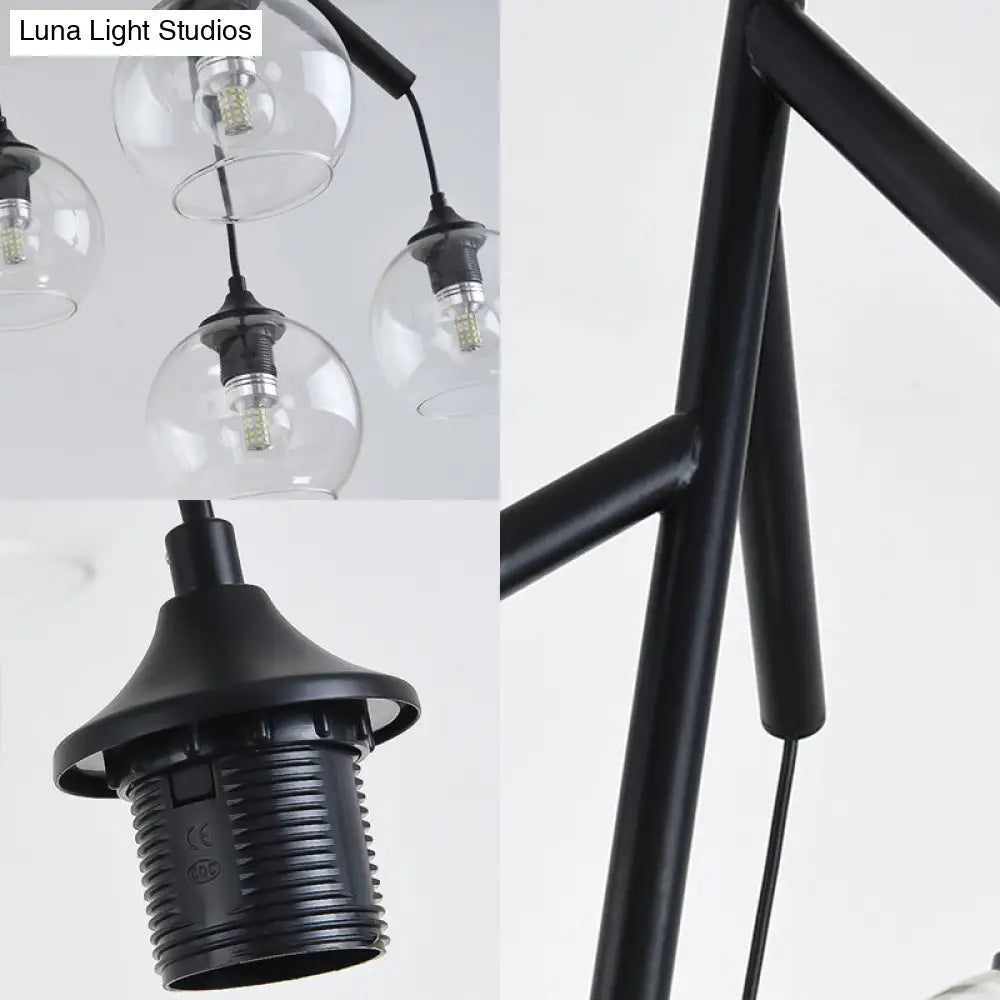 Contemporary 4-Light Metal Branch Chandelier: Black Hanging Pendant With Clear Glass Shade