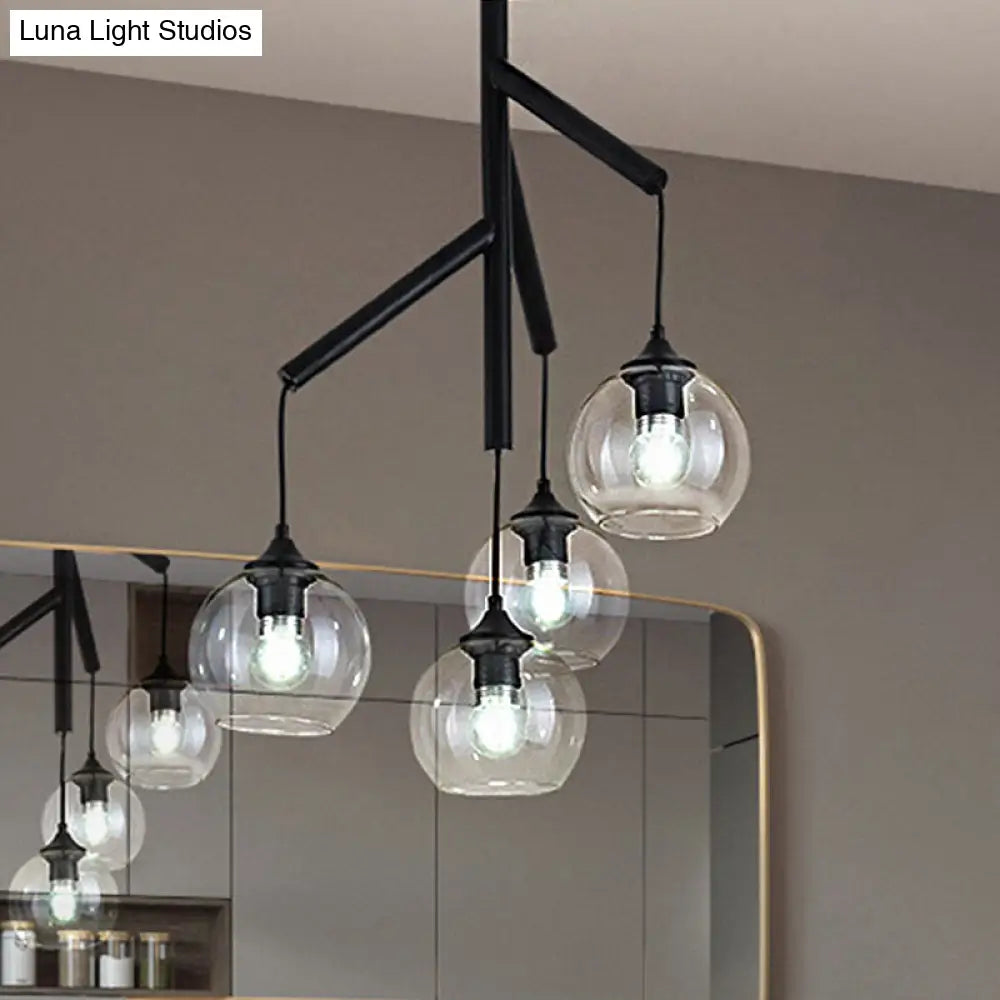 Contemporary 4-Light Metal Branch Chandelier: Black Hanging Pendant With Clear Glass Shade