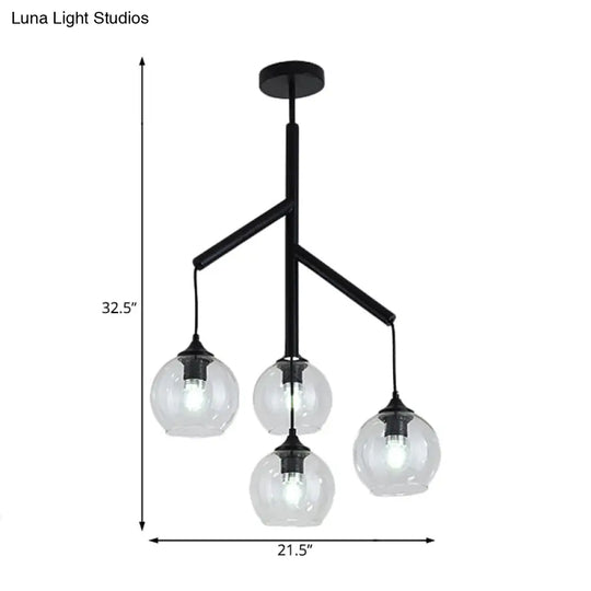 Contemporary 4-Light Metal Branch Chandelier: Black Hanging Pendant With Clear Glass Shade