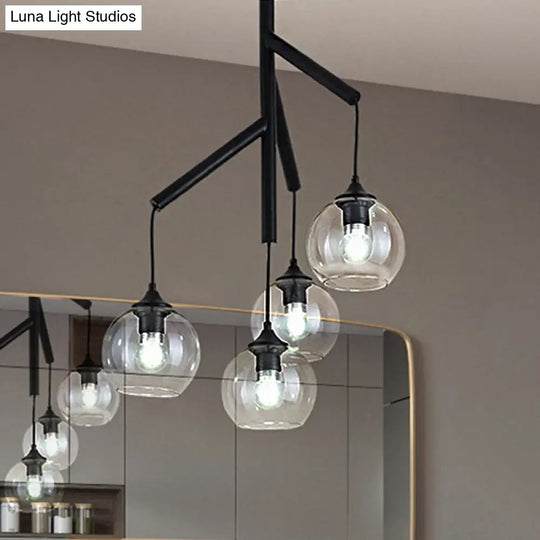 Contemporary Metal Branch Chandelier - 4-Light Black Pendant Lamp With Clear Glass Shade