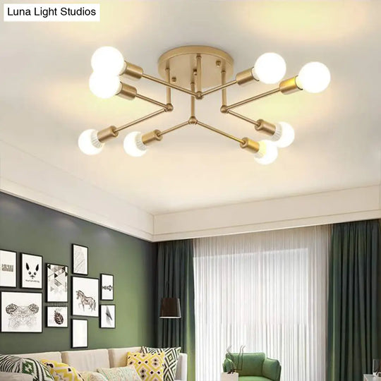 Contemporary Metal Branching Chandelier Stylish Semi Flush Ceiling Light For Living Room 8 / Gold