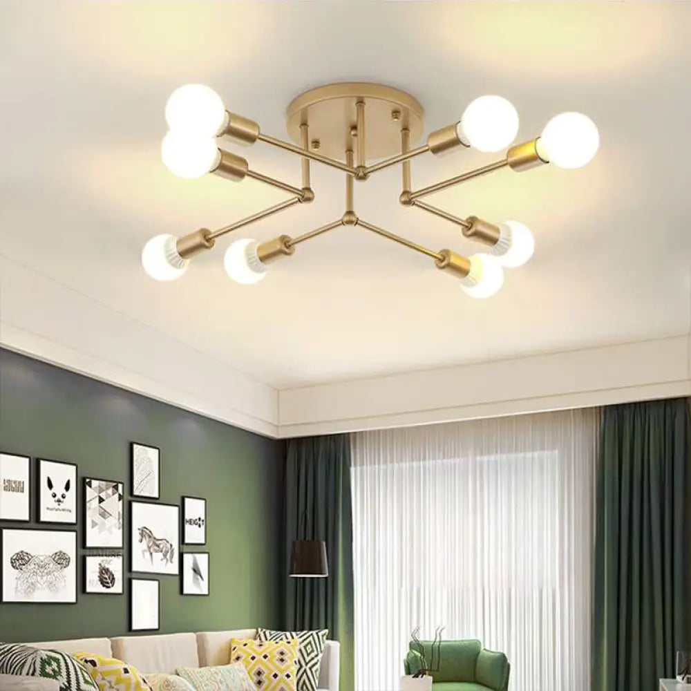 Contemporary Metal Branching Chandelier – Stylish Semi Flush Ceiling Light For Living Room 8 / Gold