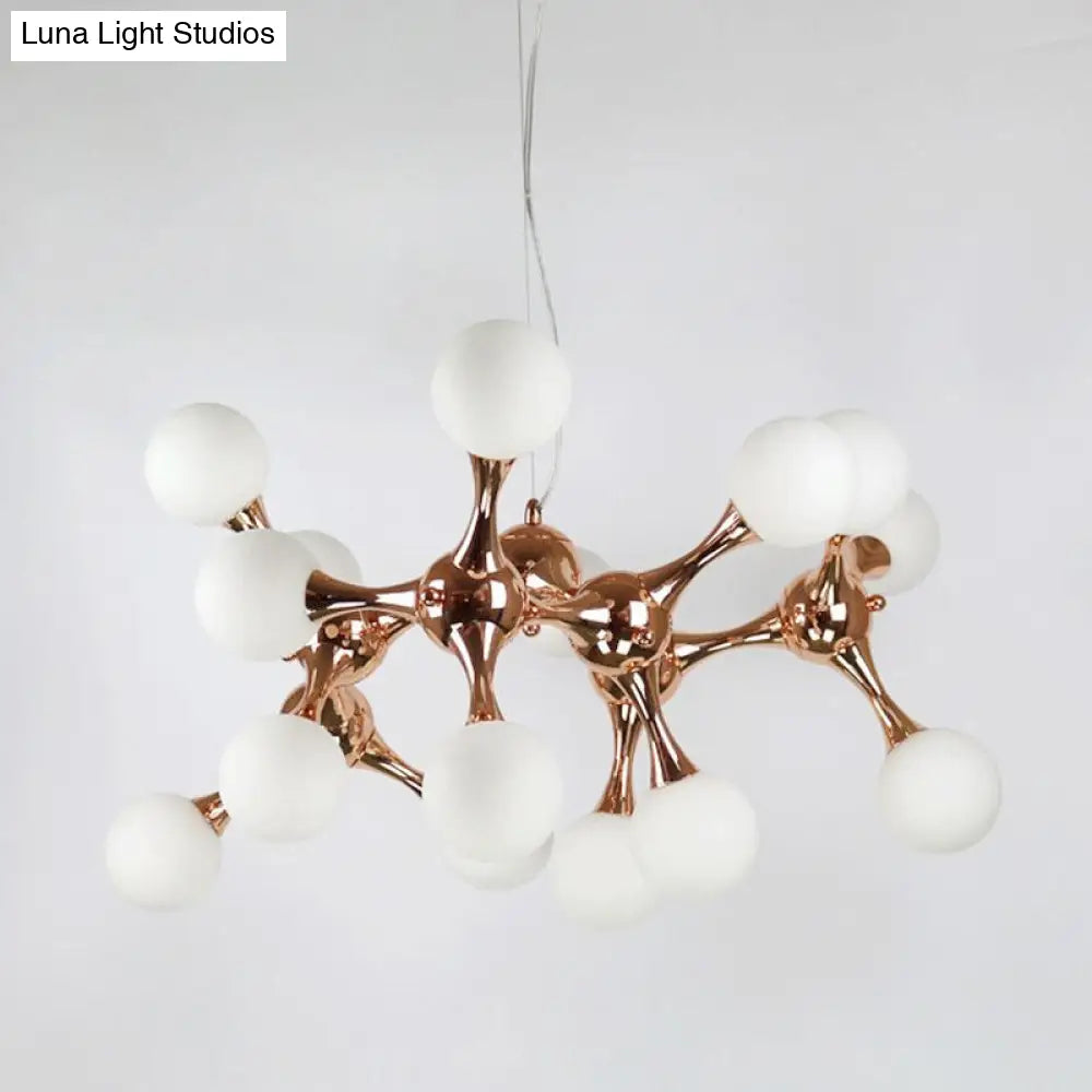 Contemporary Metal Chandelier With 9/15 Lights: Starburst Style Rose Gold Finish White Glass Bubble