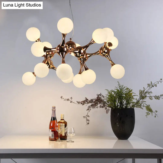 Contemporary Metal Chandelier With 9/15 Lights: Starburst Style Rose Gold Finish White Glass Bubble