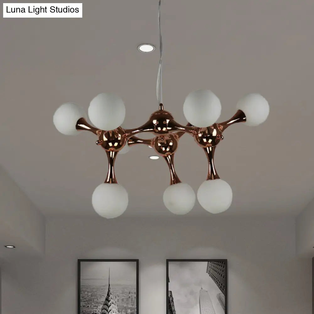 Contemporary Metal Chandelier With 9/15 Lights: Starburst Style Rose Gold Finish White Glass Bubble