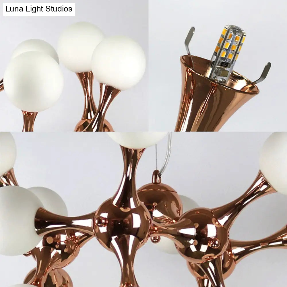 Contemporary Metal Chandelier With 9/15 Lights: Starburst Style Rose Gold Finish White Glass Bubble