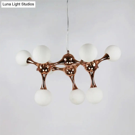 Contemporary Metal Chandelier With 9/15 Lights: Starburst Style Rose Gold Finish White Glass Bubble