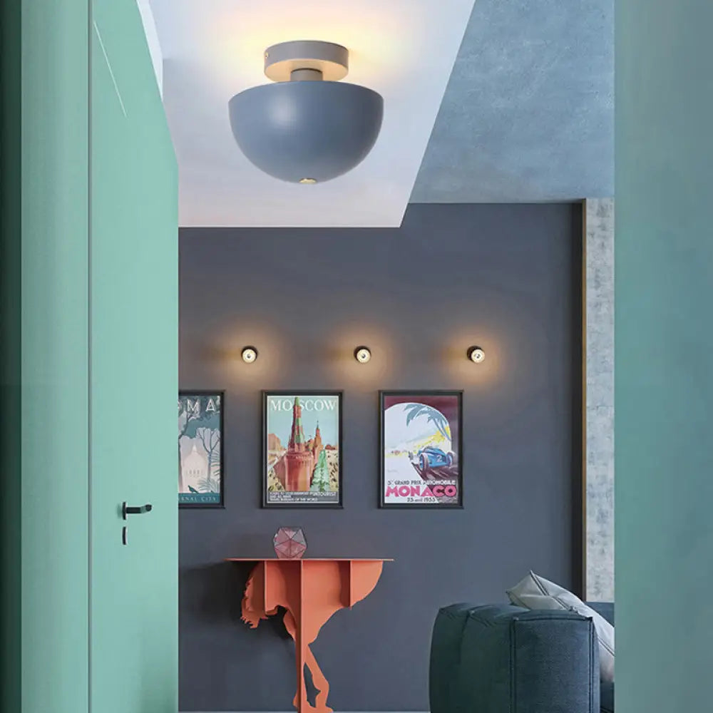 Contemporary Metal Dining Room Semi Flush Mount Ceiling Light - Pink/Yellow/Navy Bowl Design Single