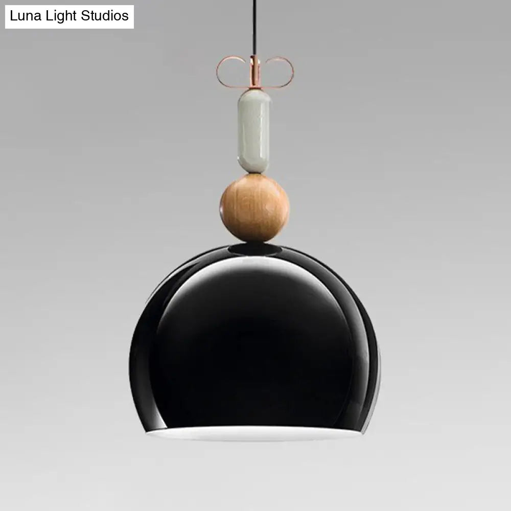 Contemporary Metal Domed Pendant Light Kit - 1-Light Down Lighting In Black/Red For Living Room