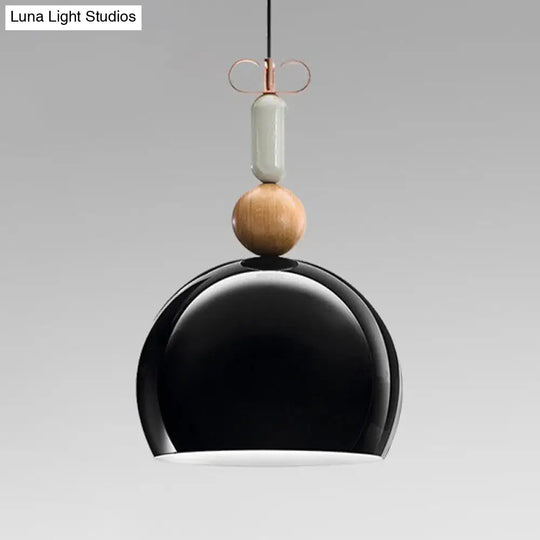 Contemporary Metal Domed Pendant Light Kit - 1 Down Lighting In Black/Red For Living Room