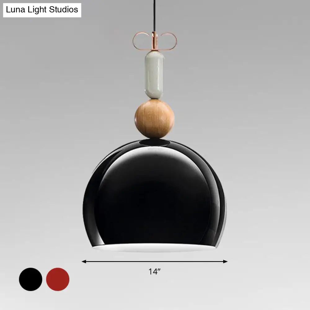 Contemporary Metal Domed Pendant Light Kit - 1-Light Down Lighting In Black/Red For Living Room