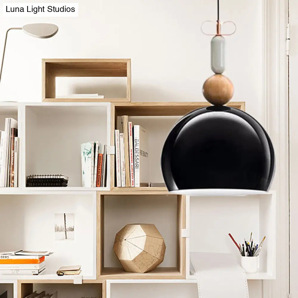 Contemporary Metal Domed Pendant Light Kit - 1 Down Lighting In Black/Red For Living Room