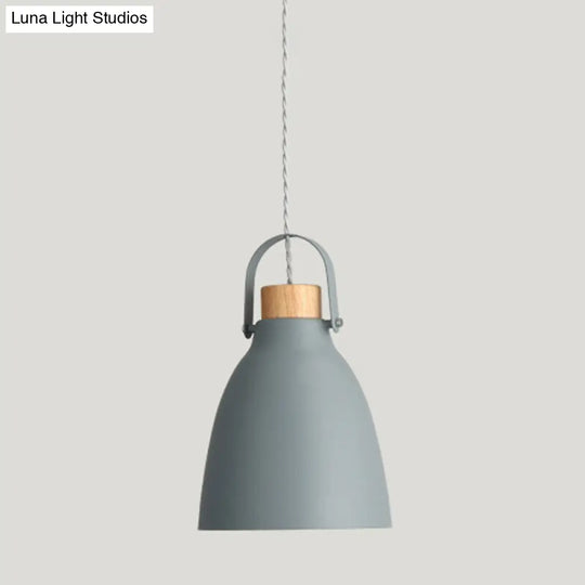 Contemporary Flared Metal Down Lighting Grey Pendant Light With Wood Cap 1 Head Fixture