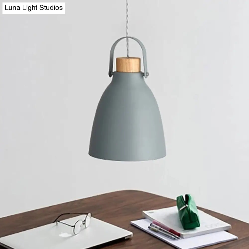 Contemporary Flared Metal Down Lighting Grey Pendant Light With Wood Cap 1 Head Fixture