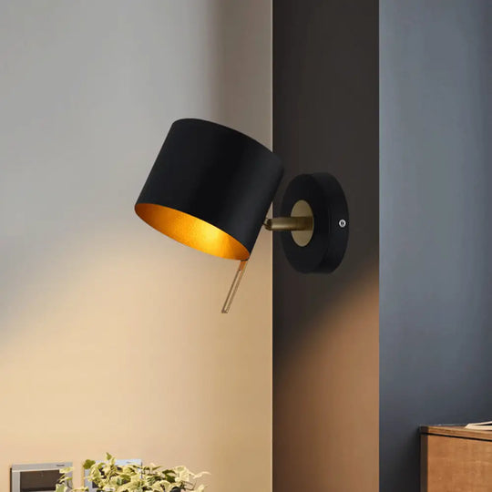 Contemporary Metal Drum Wall Sconce Light - Black 1 Bulb Bedroom Lighting Fixture