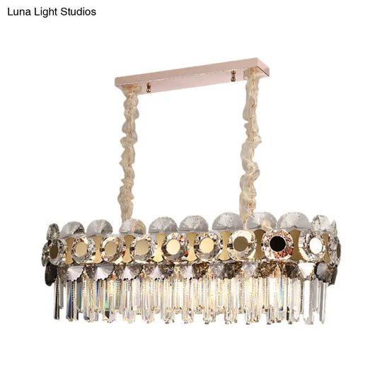 Contemporary Metal-Facing Island Chandelier With 11 Bulbs Clear Crystal Prisms And Hanging Light