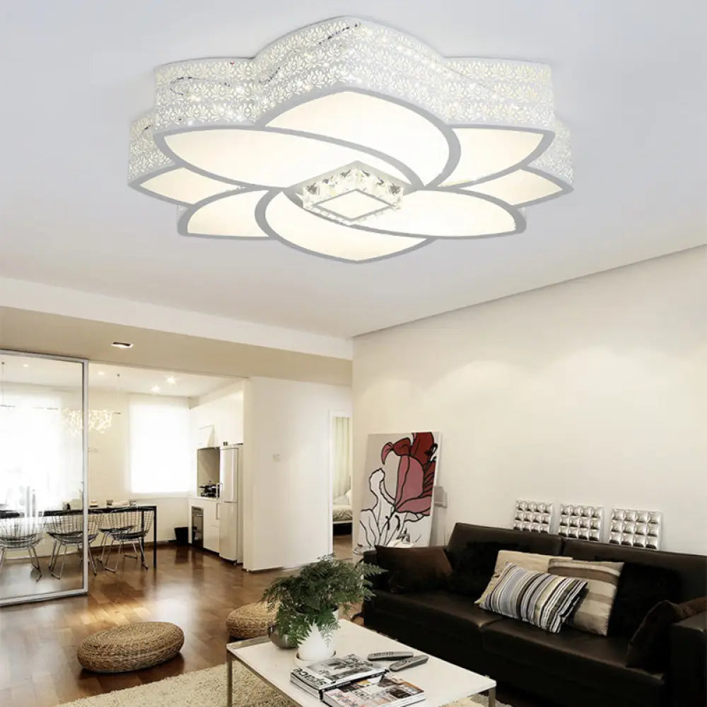 Contemporary Metal Flushmount Light: 23.5’/29.5’ W Led White Ceiling Light With Crystal Accent