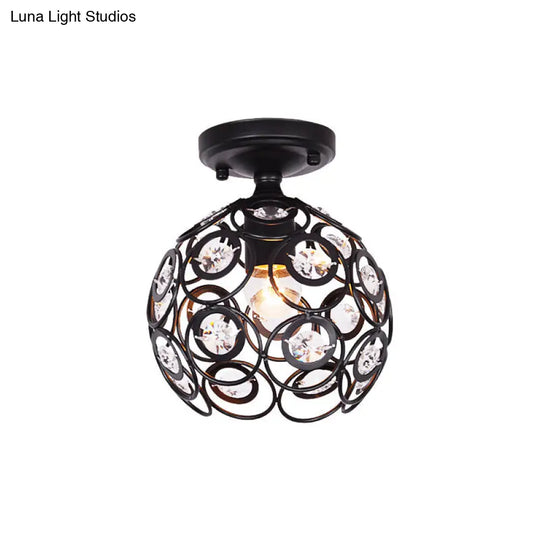 Contemporary Metal Globe Cage Semi-Flush Mount With Crystal Decorations And 1 Bulb In Black